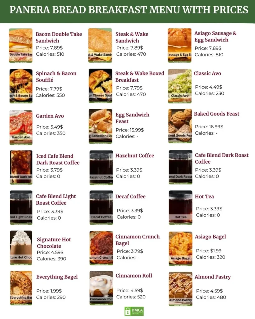 panera bread breakfast menu With Prices